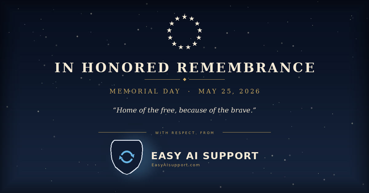 Memorial Day 2026 tribute graphic from Easy IT Support honoring fallen American military service members